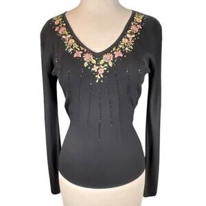 Vintage Felicity Black Ribbed Floral Embroidered Beaded Long Sleeve Size Medium